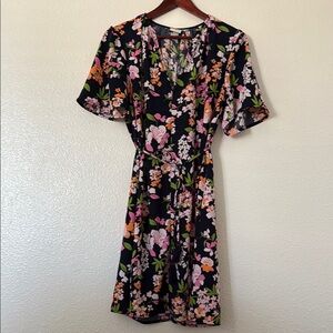 A New Day Pink and Orange Wrap Midi Dress with Crew Neck